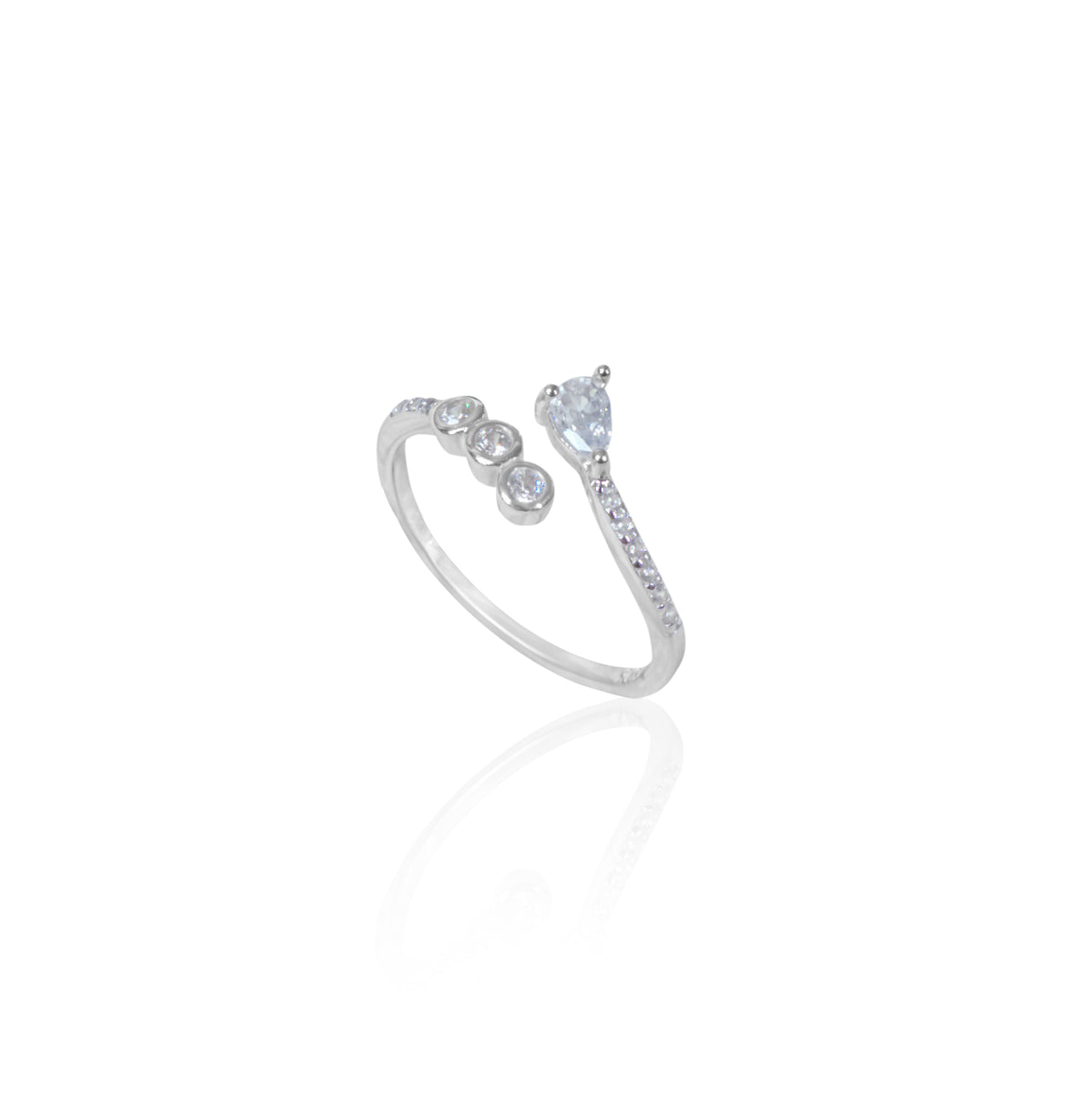 Elegant Open Silver Ring with Pear and Bezel Set Zirconia by Silverio